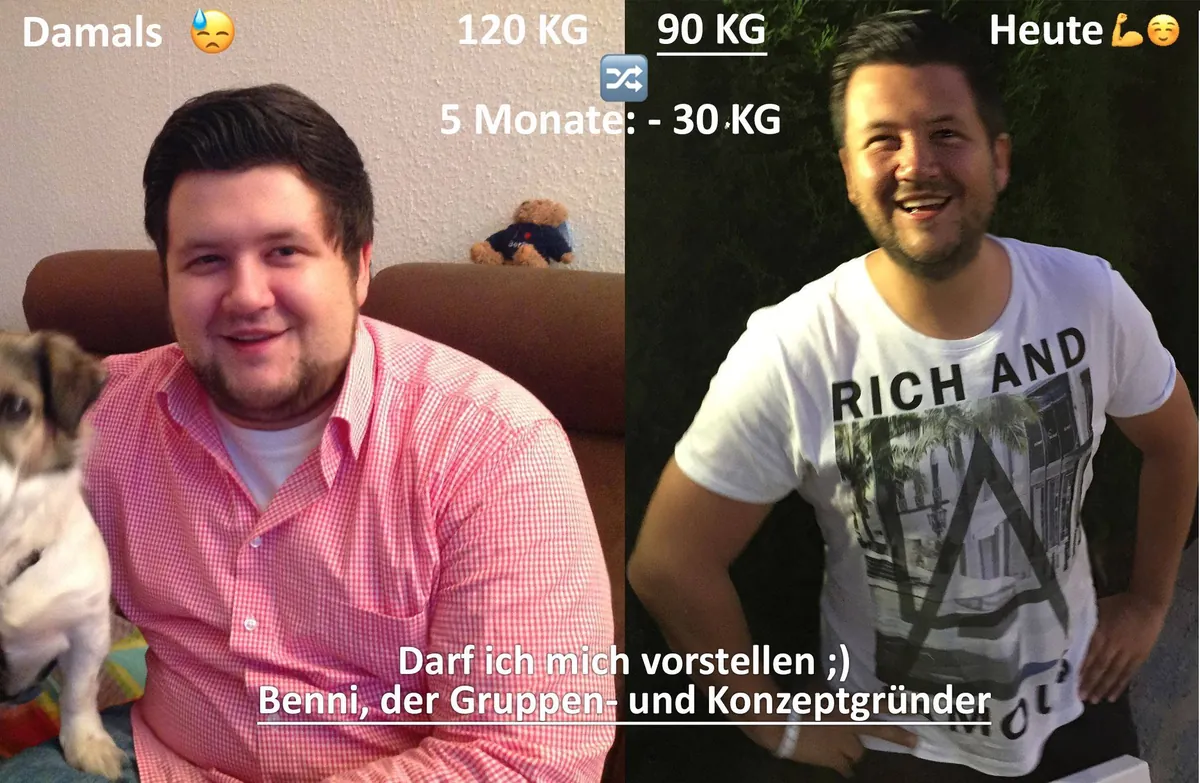 Benni damals mit 120 kg auf dem Sofa mit seinem Hund und heute mit 90 kg im weißen T-Shirt, Bild aus seiner Facebook-Gruppe 2017