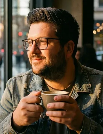 Benni mit einer Tasse Kaffee am Fenster