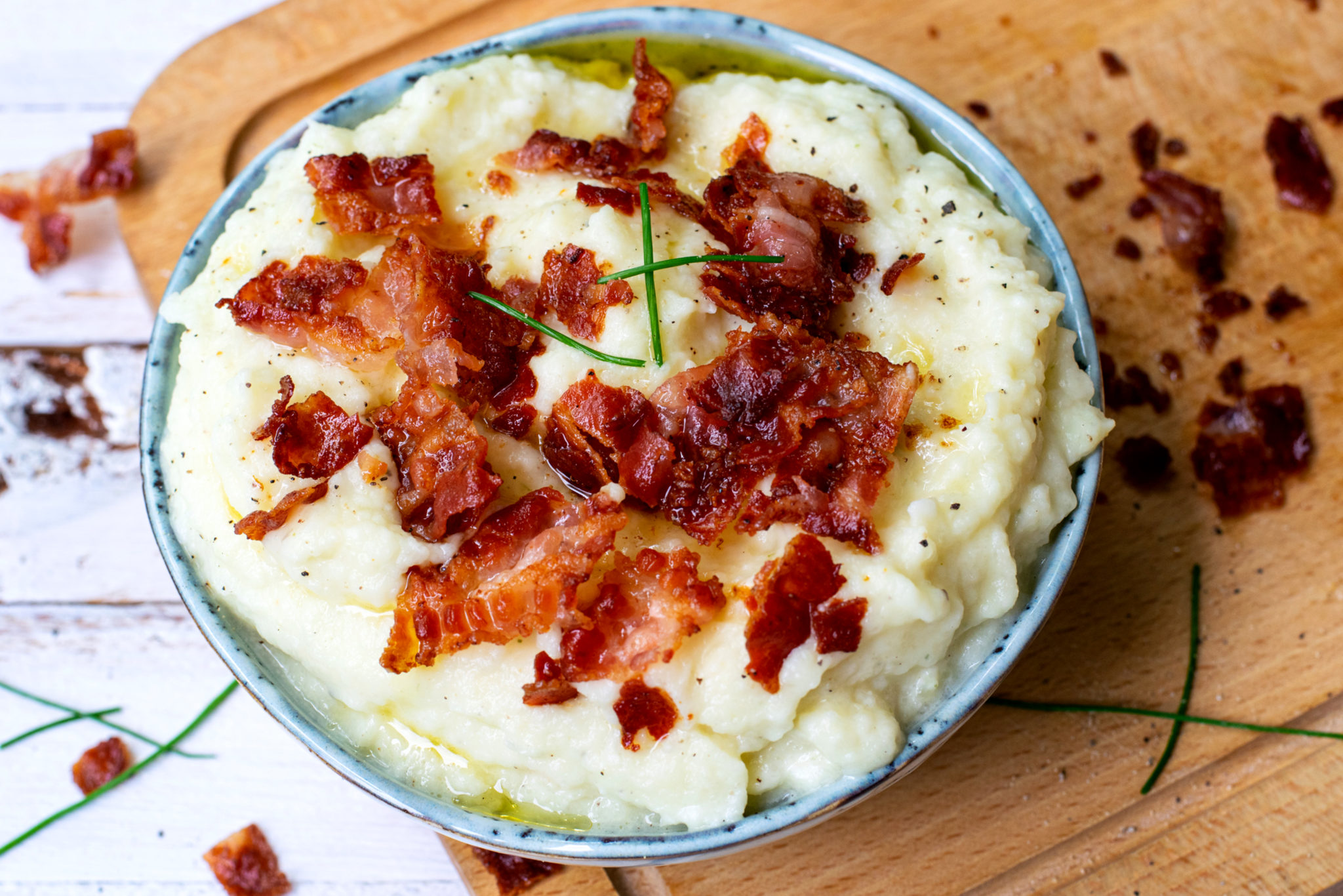 Low Carb Blumenkohlpüree mit gebratenem Speck