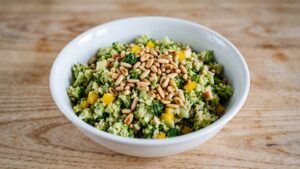 Brokkolisalat aus dem Thermomix low carb mit gerösteten Pinienkernen in einer weißen Schale
