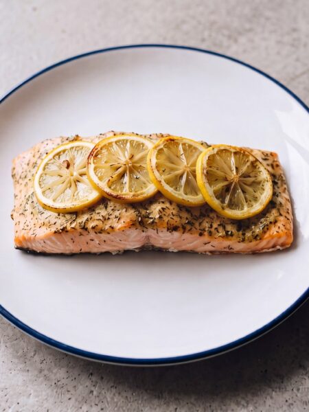 Lachs im Airfryer mit Zitronenscheiben und Würzpaste auf einem weißen Teller
