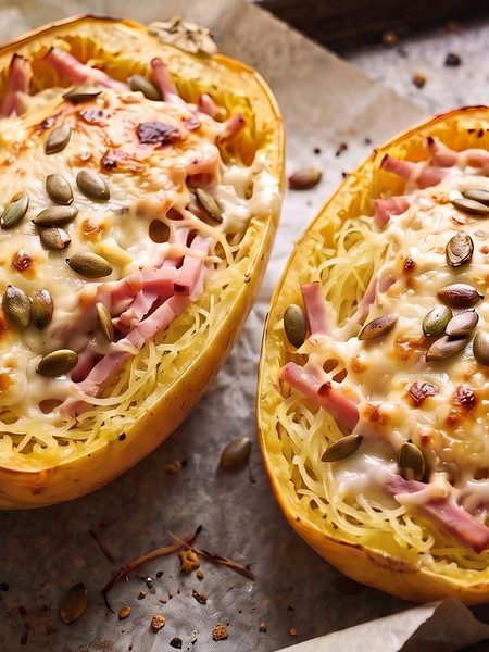 Spaghettikürbis low carb aus dem Ofen mit Kochschinken und überbackenem Käse in der Schale
